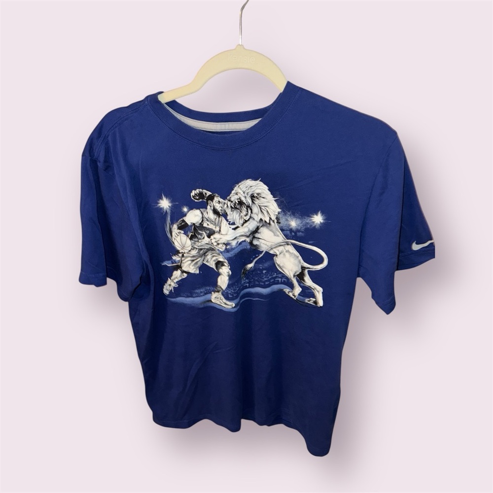 Nike Dri-Fit Large Lebron James King Lion Blue T-Shirt Basketball Athletic NBA